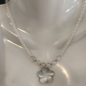 Mother Of Pearl, Frosted Clear Quartz Flower Pendant Necklace